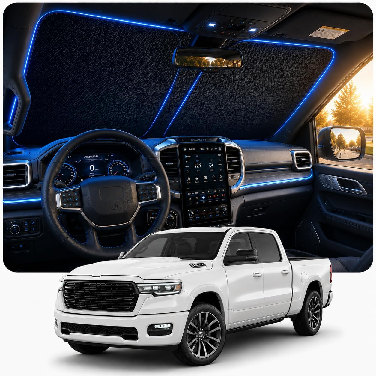 [2026 Upgraded] DooGooCoo Windshield Sun Shade for RAM 1500 2500 3500 2019-2025 2026 [Cooling Ice-Crystal, 100% Sun Block] Car Sun Shade Windshield for Truck RAM 1500 Sun Shade, Custom for RAM Front.