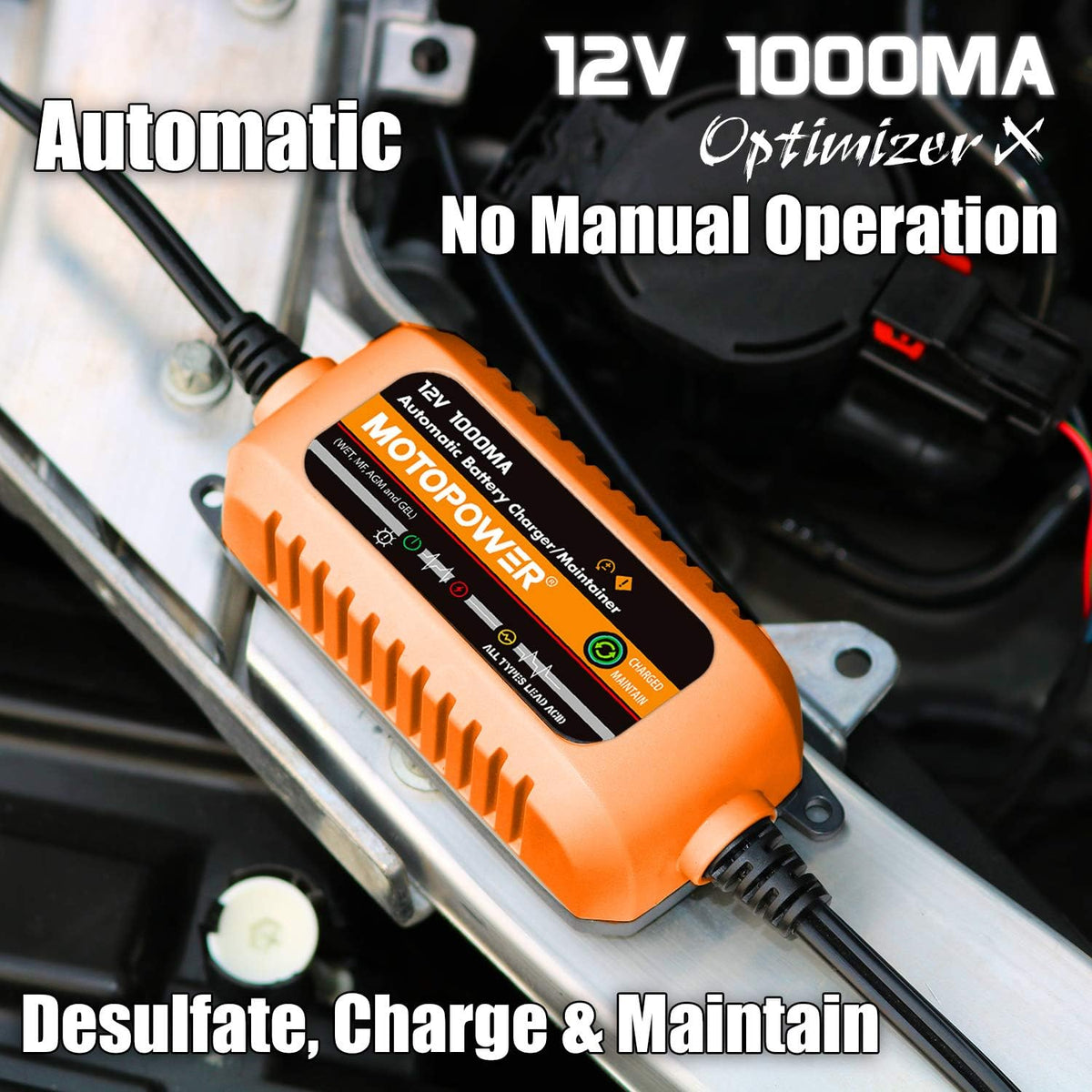 MOTOPOWER 12V 1000mA Automatic Charger - Battery Maintenance - Maintain Charger and Battery Desulfator with Timer Protection.