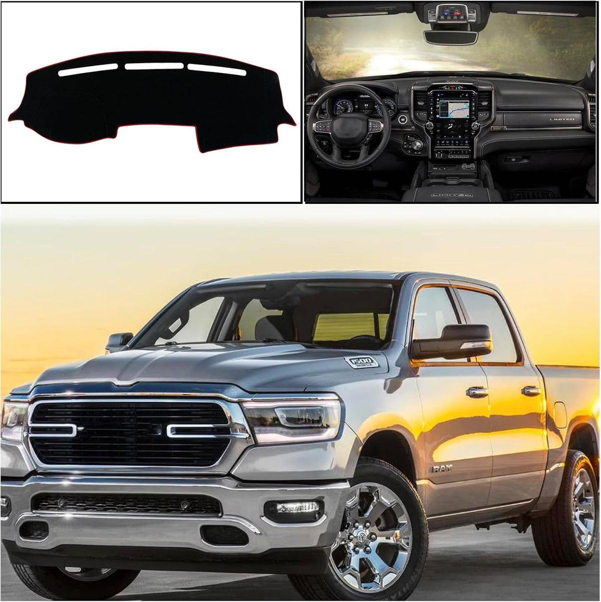 Dash Mat Cover Custom Interior Center Console Compatible with Dodge Ram Big Horn Laramie 1500 2500 3500 Pickup 2019 2020 Dashboard mat Covers Accessories (Red Rim)
