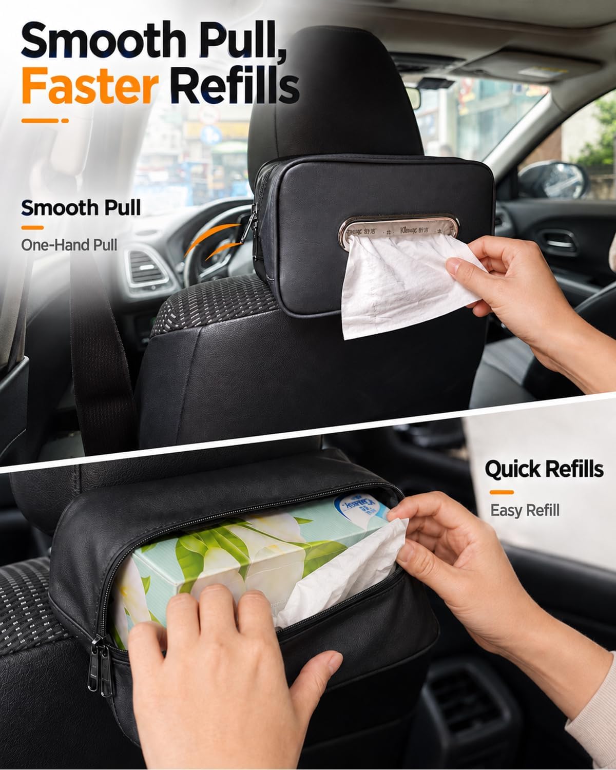 Leather Car Tissue Holder, Extra Large Tissue Holder for Car, Fits 120–230 Count Rectangular Tissue Boxes, Wider Opening for Easy Access, Dual Zipper for Headrest,Console,Seat Back (Black)
