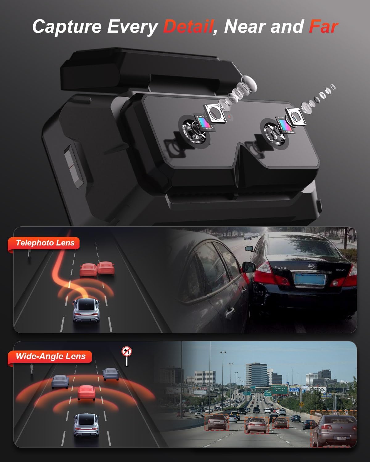 AKEEYO 3-Channel Dash Cam Front and Rear, Industry-First Telephoto Lens for 50M License Plate Capture, 2K Triple Lens Car Camera,5GHz WiFi,AI ADAS & BSD Blind Spot Detection,24H Parking Mode,64GB Card