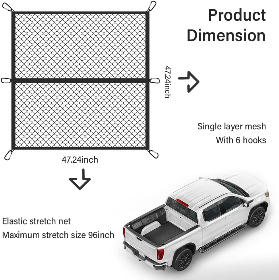 Foldable Cargo Net for Pickup Truck Bed,4' x 4' Ultra Strong Stretch to 8'x8' Truck Bed Organizer Includes 6 Pcs Carabiner Clips,Dual Use Cargo Net for Trucks SUV Car Trunks Organizer