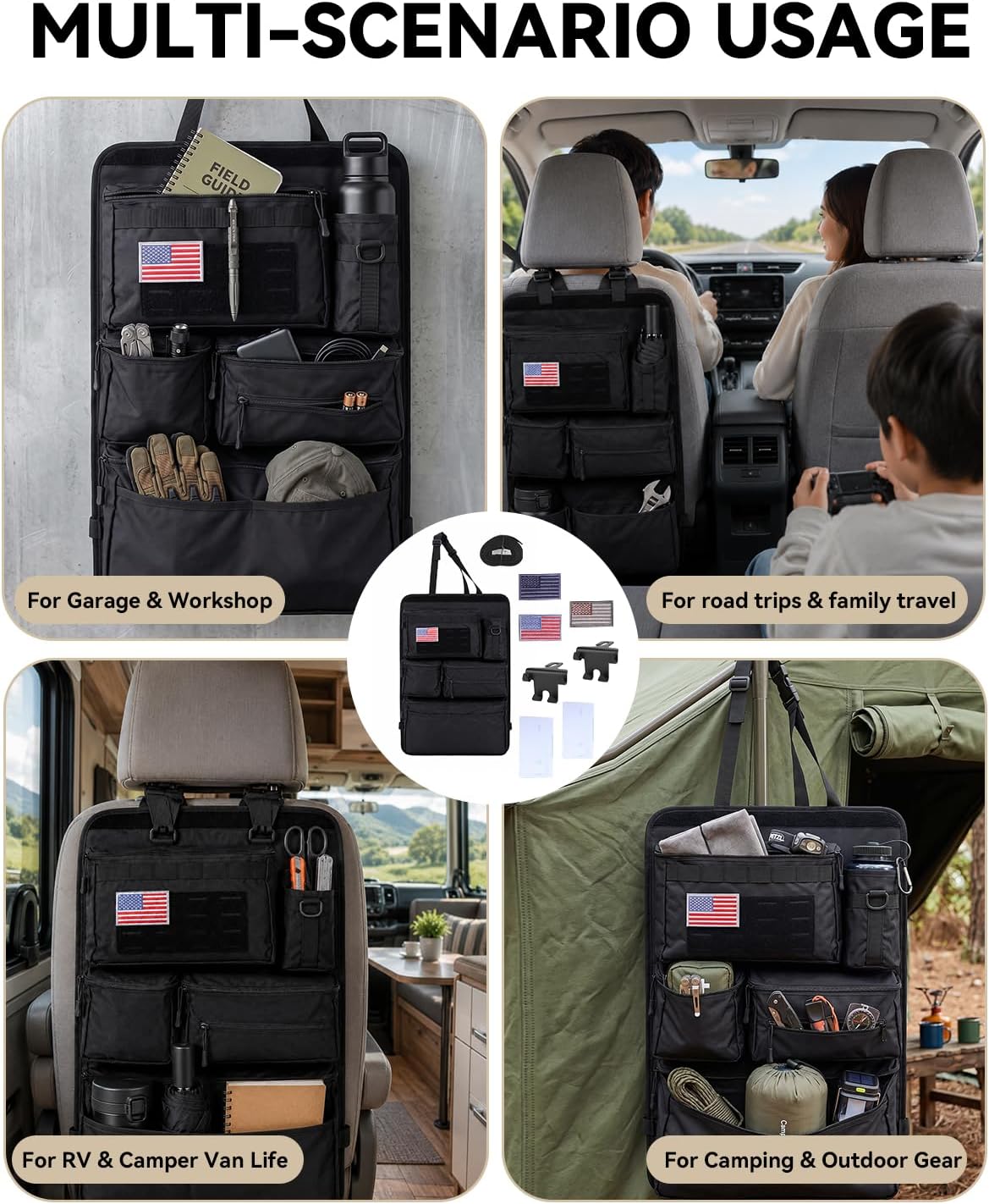 Tactical Car Seat Back Organizer Kit, MOLLE Vehicle Seat Organizer with Storage Panel, Strap, Hooks & Trash Bags, Universal Car Accessories for Truck SUV Jeep Interior Storage Organizer