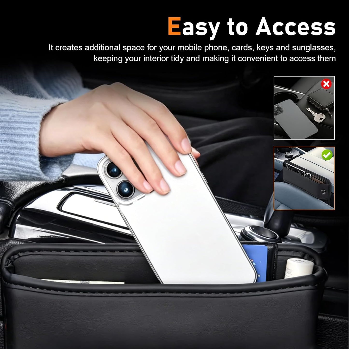 2 PCS Car Seat Gap Filler Organizer, Leather Front Seat Side Console Gap Filler, Anti-Slip Strap Center Console Organizer with Card Slots, Universal for Car, SUV, Truck (Black)