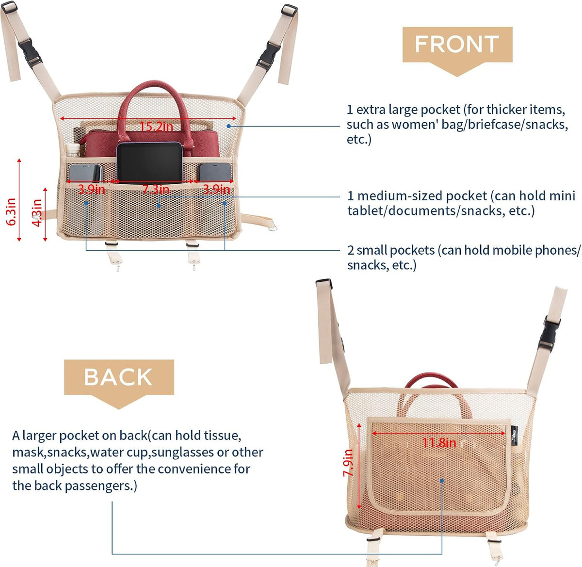 eing Car Organizers and Storage Mesh Bag, Purse Holder, Car Net Pocket Handbag, Automotive Consoles & Organizers, Back Seat Pets Kids Barrier, Car Handbag Holder for Women, Beige
