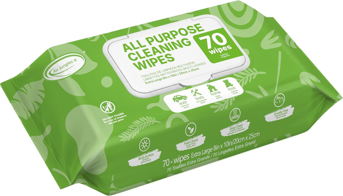 Air Jungles All Purpose Cleaning Wipes 70 Count, XL 8x10 Inch | Heavy Duty for Car Interior, Kitchen, Bathroom, Gym Equipment, Tools, Non-Toxic Safe For Multi-Surface
