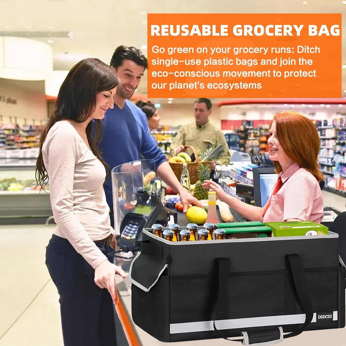 Upgrade Extra Large Utility Tote Bag with Reflective Strip, Standing Reusable Grocery Bags with Hard Bottom & 4 Sided Reinforced, Collapsible Utility Tote with Handles for Shopping, Beach, Car | Upgrade