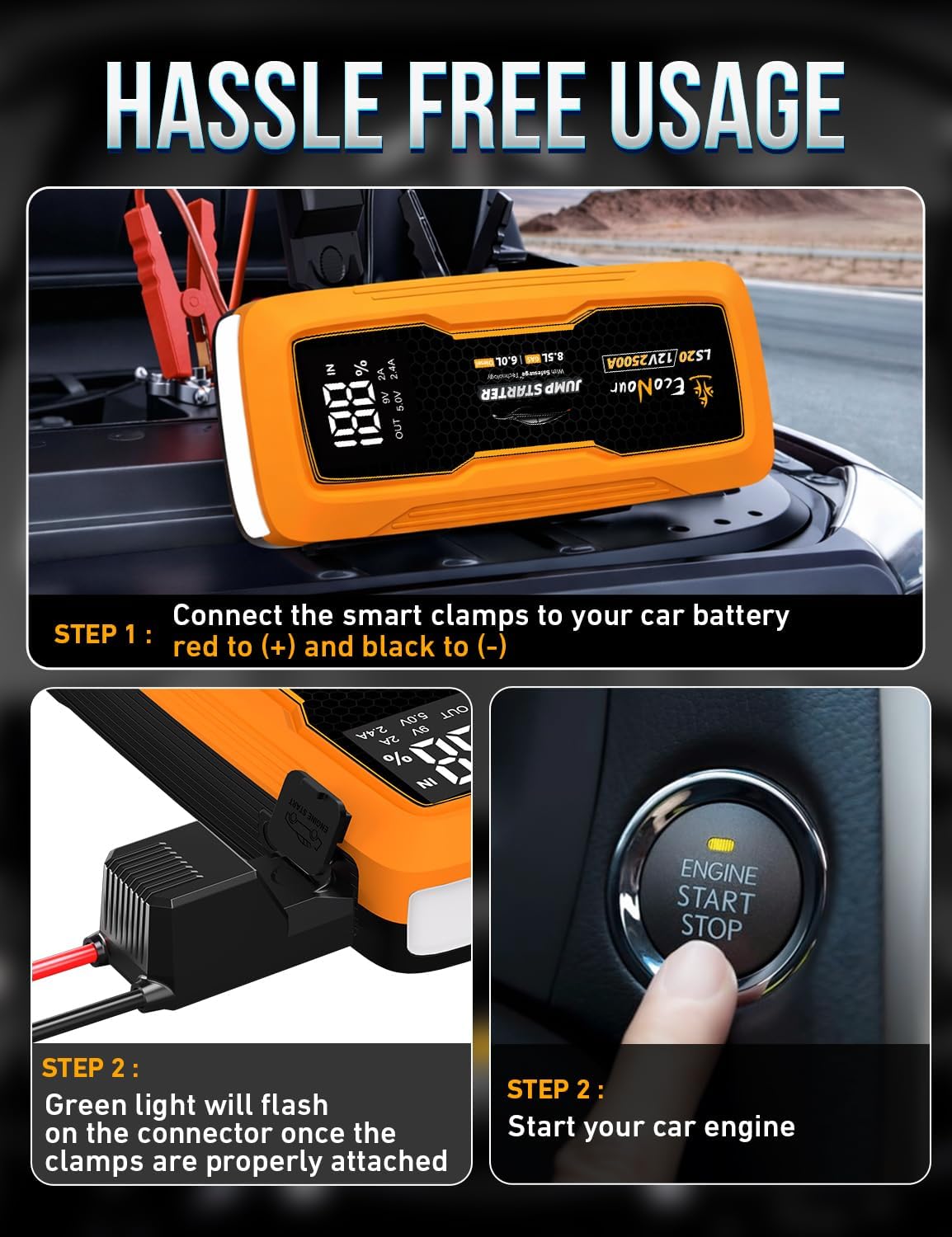 EcoNour 2500A Portable Car Jump Starter 12V Battery Booster Pack Up to 8.5L Gas & 6L Diesel Engines – Jump Box with Jumper Cables, USB Charger, LCD Display, LED Flashlight – for Cars, SUVs, Trucks