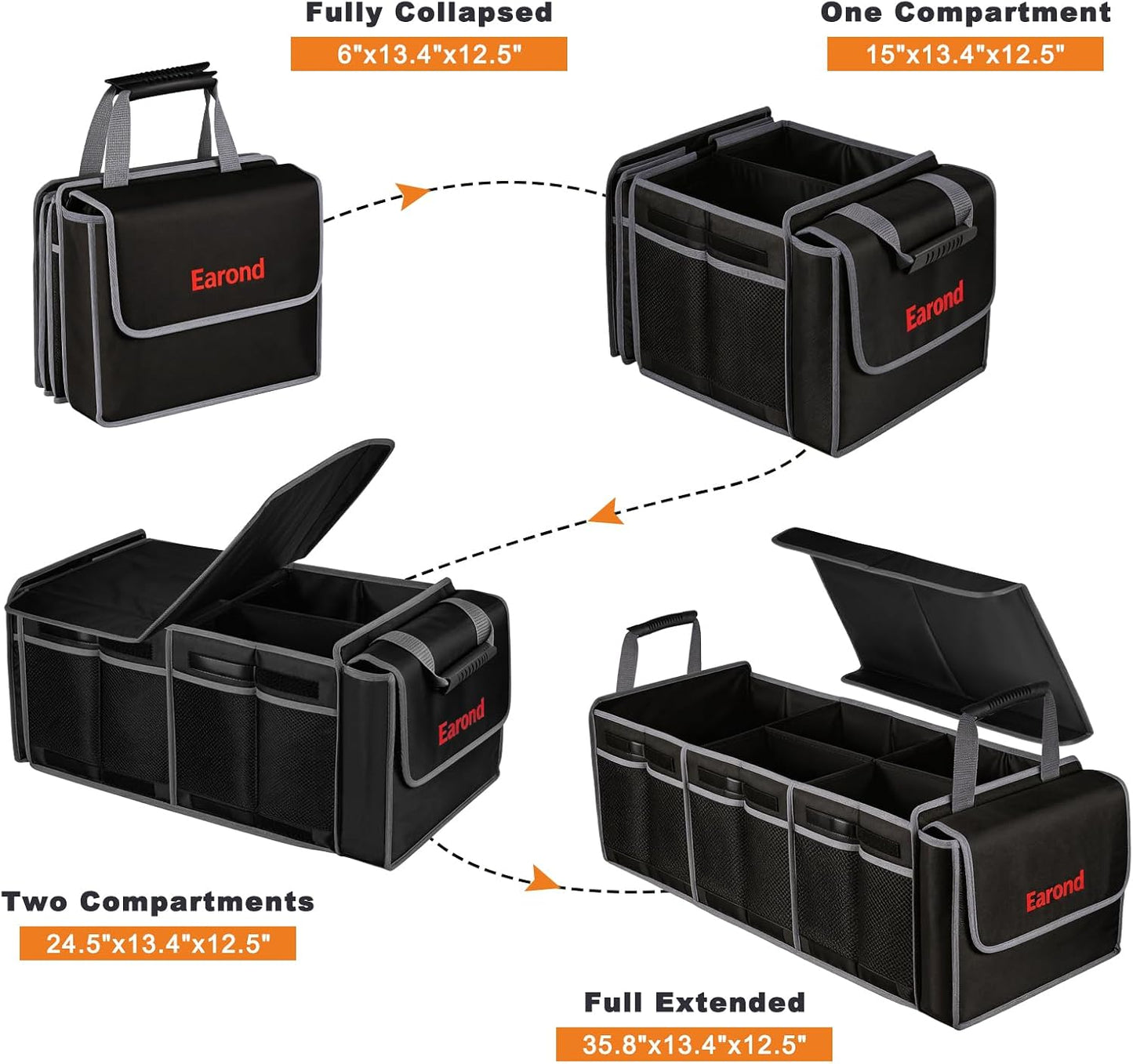 Collapsible Trunk Organizer with Insulated Leakproof Cooler Bag,Removable Lid,Adjustable Securing Straps,3 Compartments Trunk Organizer for SUV,Truck,Sedan(Grey & Black)