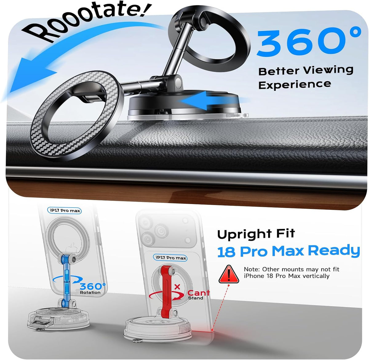 NeverDrop Car Mount for MagSafe [2 Bases for Any Surface | 118+LBS Ultra Grip | 2400gf Strong Magnetic] 360° Adjustable Car Phone Holder, Phone Holders for Your Car for All Smartphones, Carbon Fiber