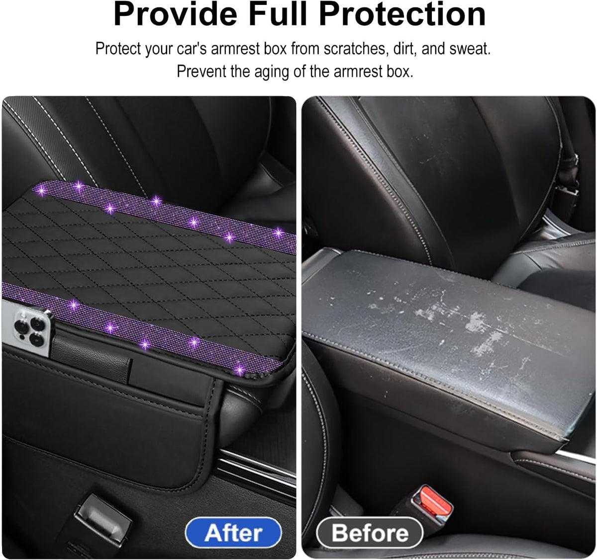 NBTEPEM Bling Car Center Console Cover, Leather Car Arm Rest Cover Cushion with 2 Storage Bags, Middle Console Cover Universal Armrest Protector Pads, Bling Accessories for Most Vehicles (Purple)