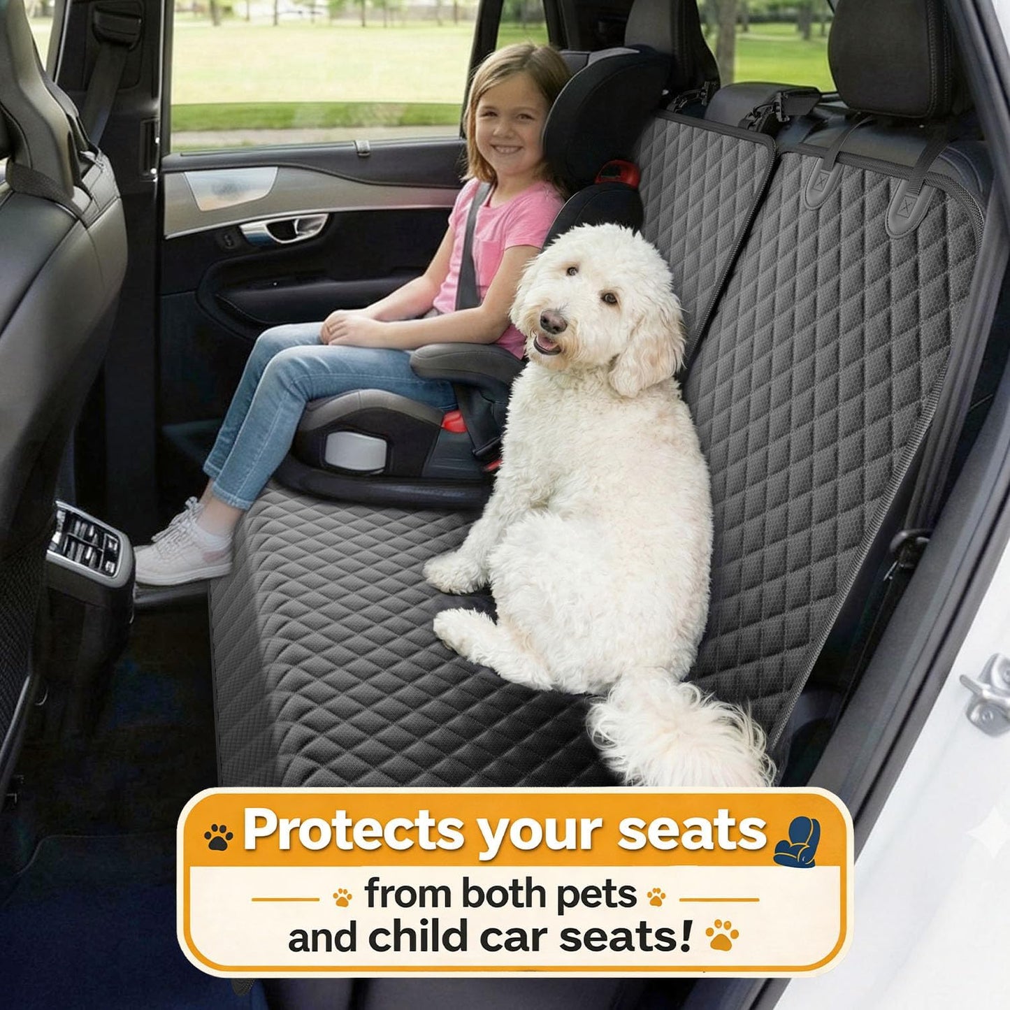 Dog Car Seat Cover for Back Seat, Waterproof Back Seat Cover with Zippered Armrest Access, Non Slip Rear Bench Cover for Cars SUVs - 52W