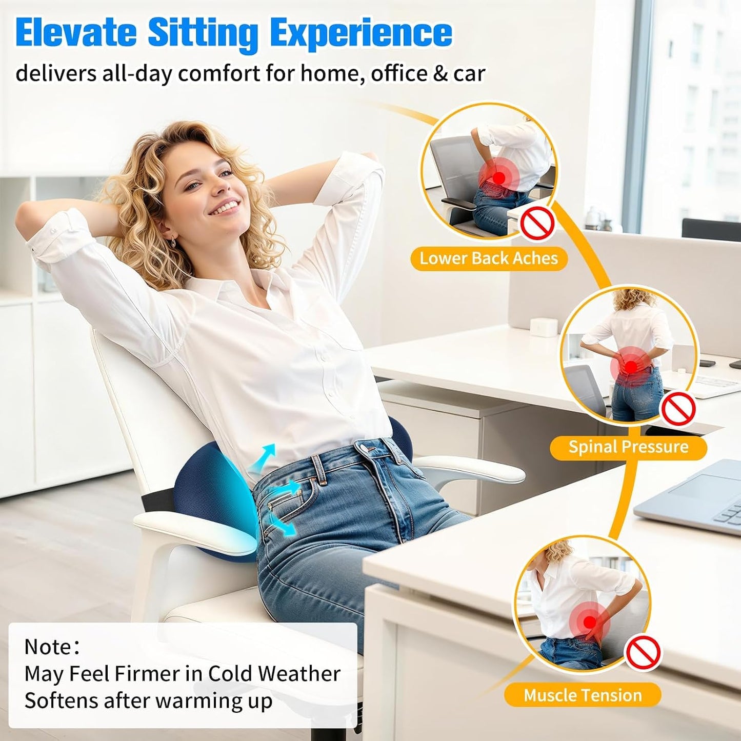 SweetSlubr Lumbar Support Pillow for Office Chair - Memory Foam Lumbar Pillow with Detachable Strap & Breathable Cover, Ergonomic Back Support for Office Chair, Car Seat Cushion, Bed Rest (Blue)