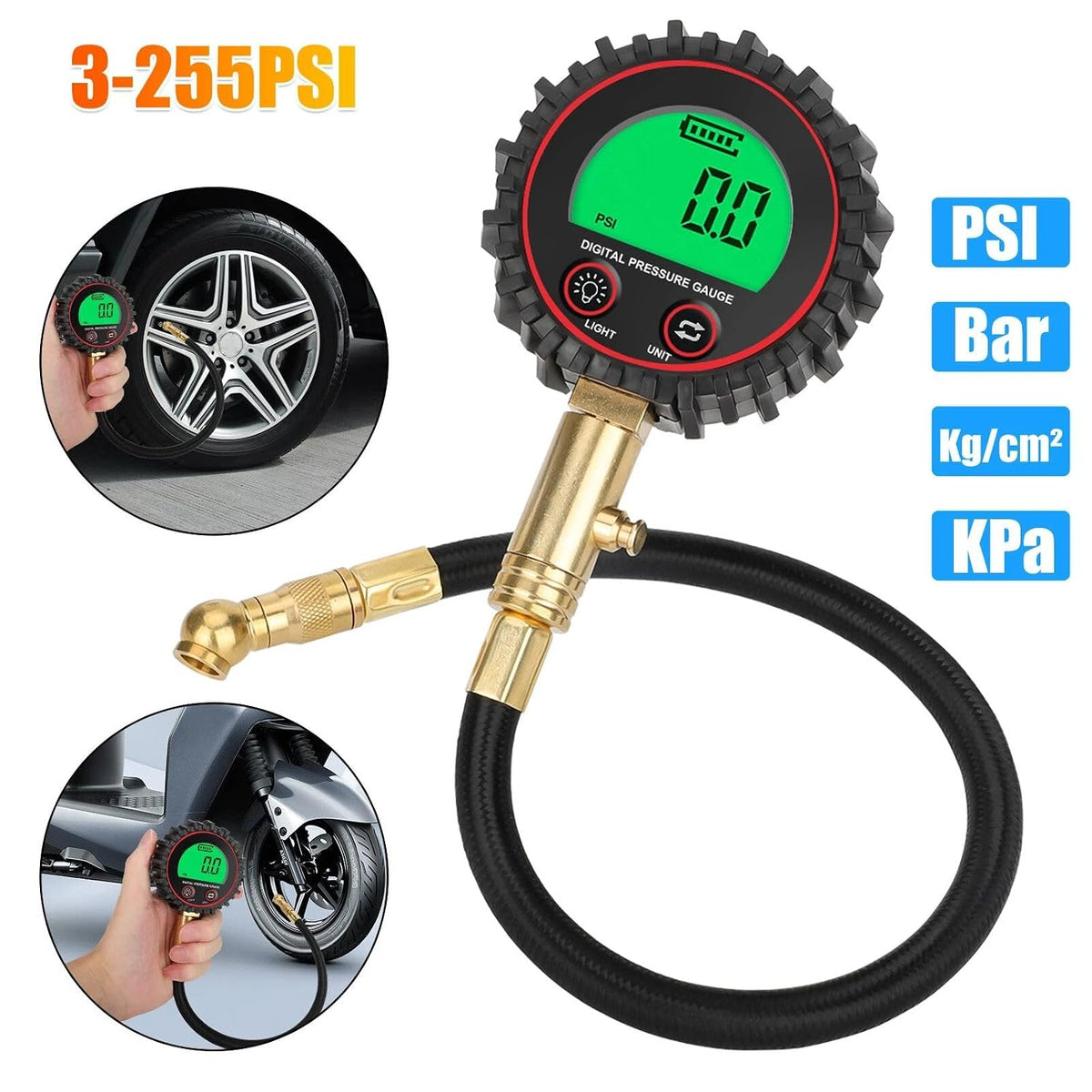3-255PSI Digital Tire Pressure Gauge with 360° Rotatable Chuck LCD Display Support One-Click Deflation for SUVs RVs Cars