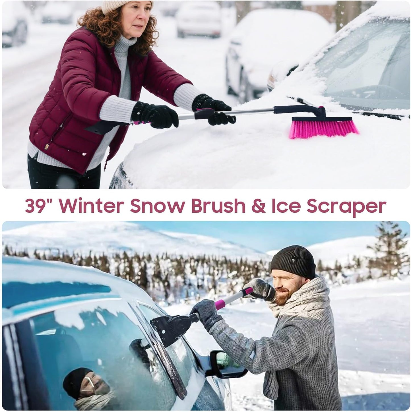YeewayVeh 39in Car Snow Brush Ice Scraper 360° Rotating, Magenta Pink
