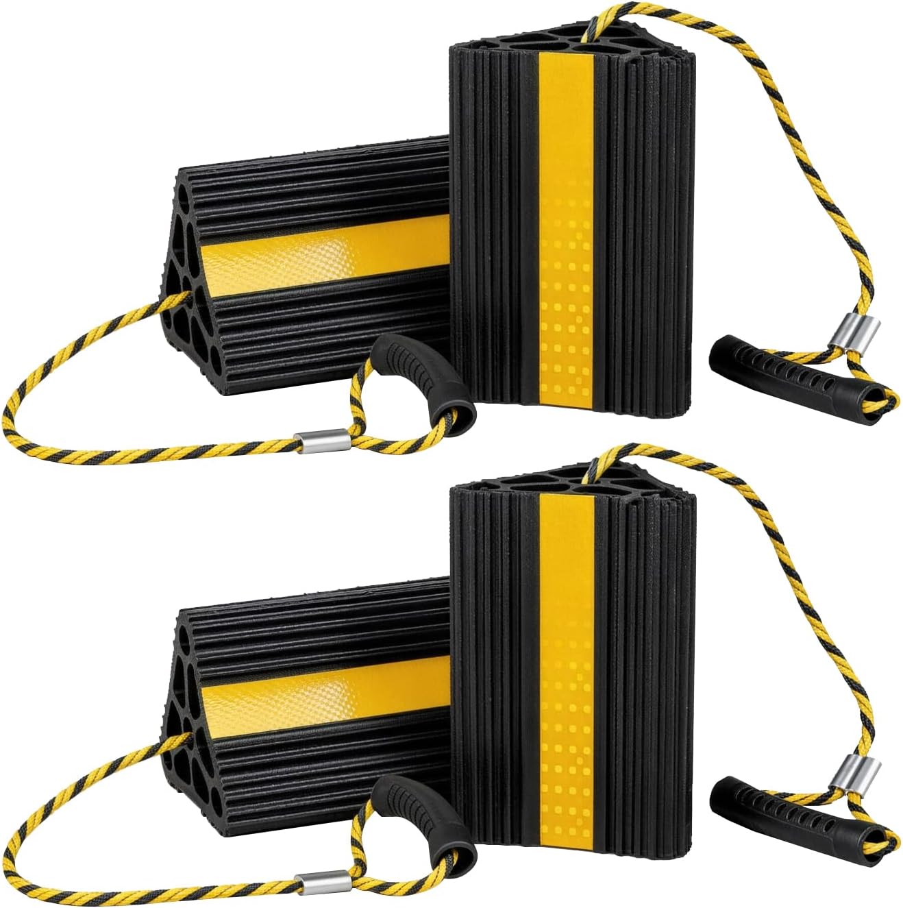 Vacallity Update Wheel Chocks for Trailer 4pc Heavy Duty Rubber Wheel Chocks with seprate Handle Rope&Yellow Reflective Tape Tire Chock Blocks for Cars Trucks Aircraft RV Camper Trailer Accessories