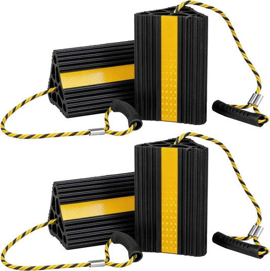 Vacallity Update Wheel Chocks for Trailer 4pc Heavy Duty Rubber Wheel Chocks with seprate Handle Rope&Yellow Reflective Tape Tire Chock Blocks for Cars Trucks Aircraft RV Camper Trailer Accessories