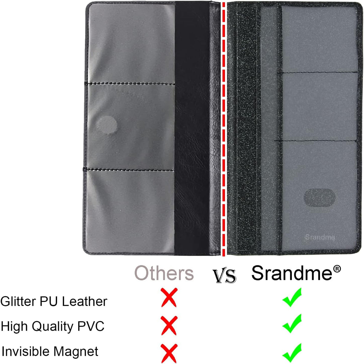 Leather Car Registration and Insurance Holder Magnetic Shut, Glitter Black