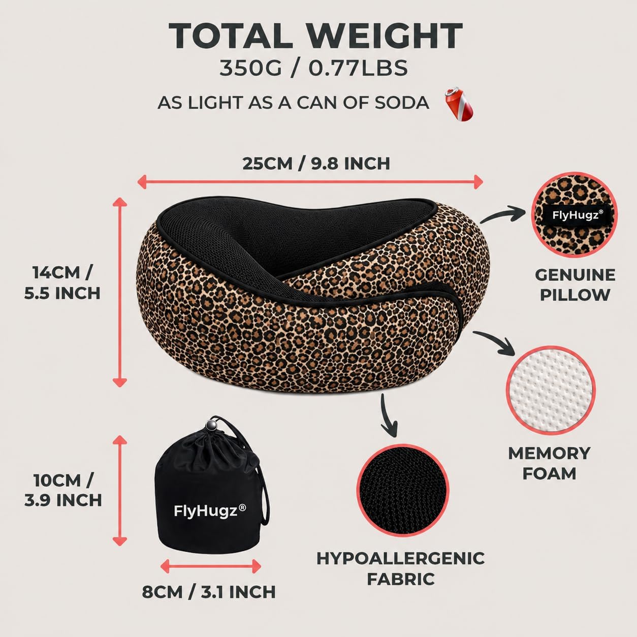 FlyHugz® Neck Travel Pillow Memory Foam Neck Pillow for Comfort on Airplane Compact and Ergonomic Design for Travel, Car Rides, and Home Use Ideal for Adults and Kids. (Leopard Print)
