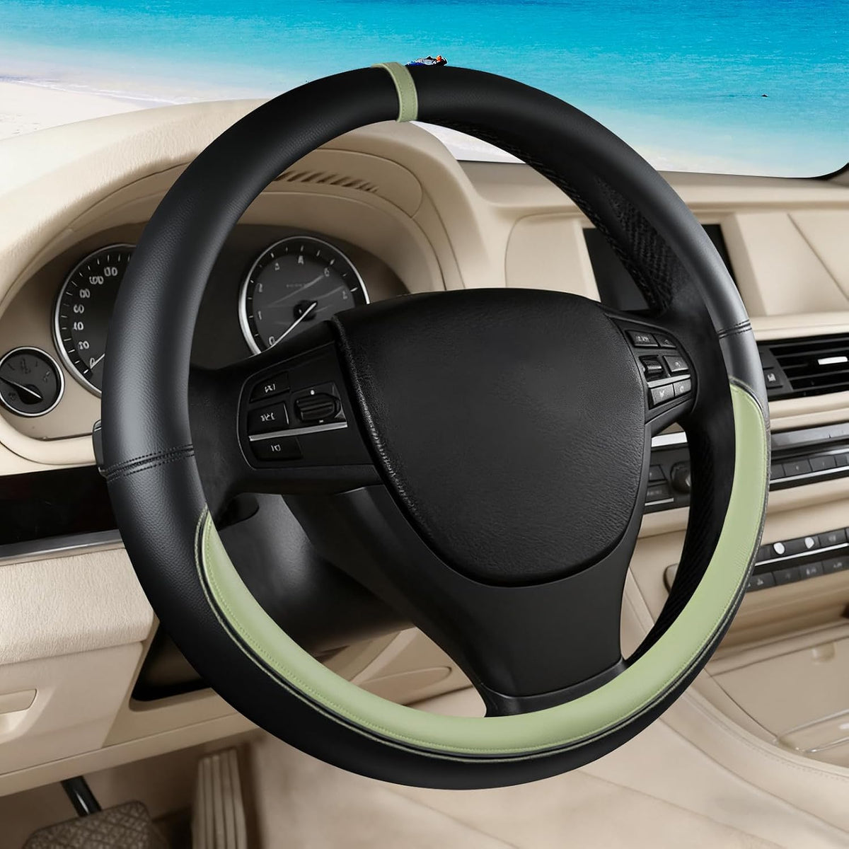 Black Avocado Green Car Steering Wheel Cover, Nappa Leather, Bottom Color Blocking, Universal 14.5-15 Inch Leather Anti-Slip Breathable Auto Steering Wheel Covers for Men Women