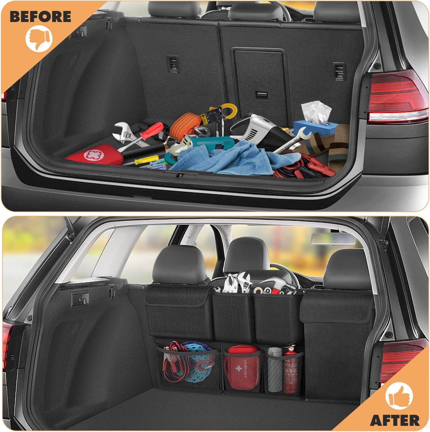 FINPAC Car Trunk Organizer and Storage, Detachable Seat Back Hanging Organizers Storage with Zippers, Large Capacity Car Accessories Interior for Jeeps, SUVs, Vans (Black)