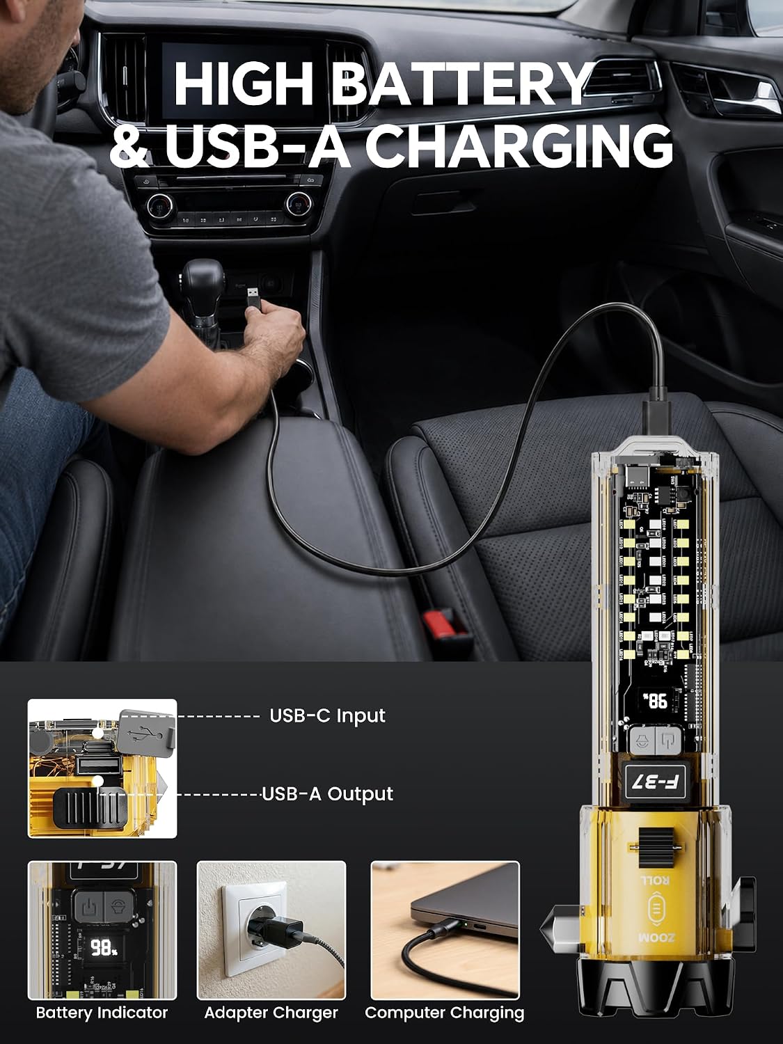 Emergency Flashlight for Car, Seatbelt Cutter Window Breaker, 3000 LM Flashlight Multifunctional Safety Tool—Glass Hammer/Bright Solar Torch/USB-C Rechargeable/Rescue Alarm & Beacon/Repair Magnet