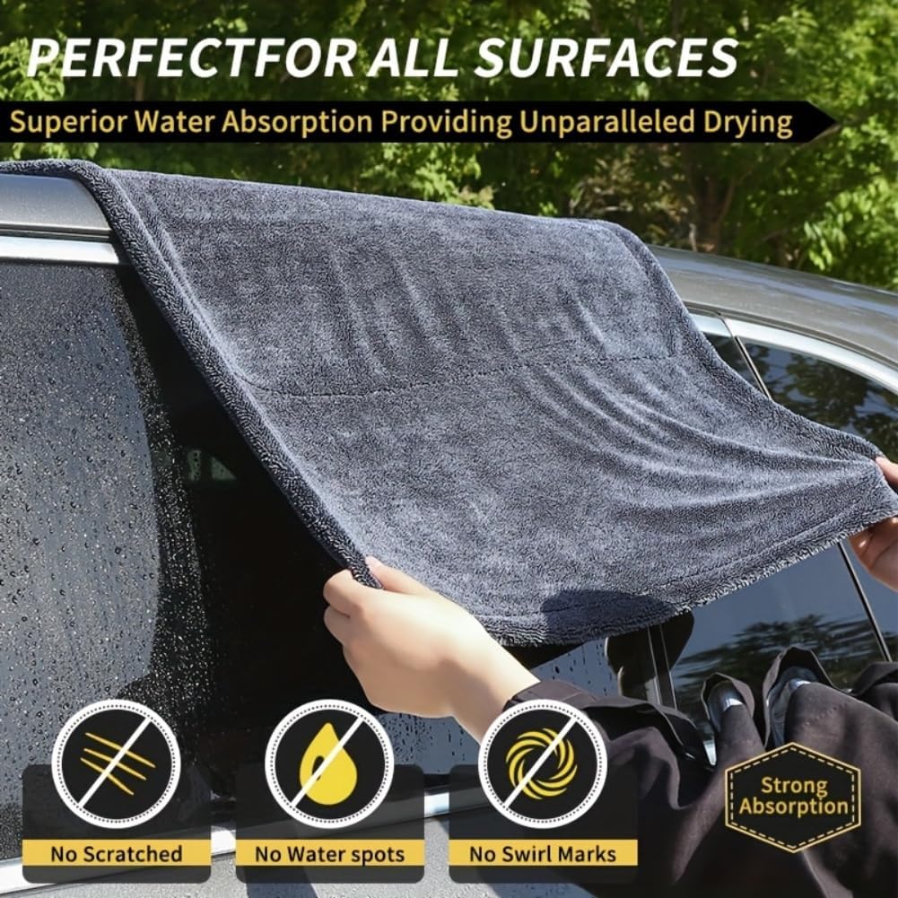1200GSM Microfiber Car Drying Towel, Double-Twist Loop, Ultra-Absorbent, Quick-Dry, Lint- & Streak-Free, Scratch-Safe, for Car Wash & Detailing (1 Pack) (Dark Grey, 16" x 24")