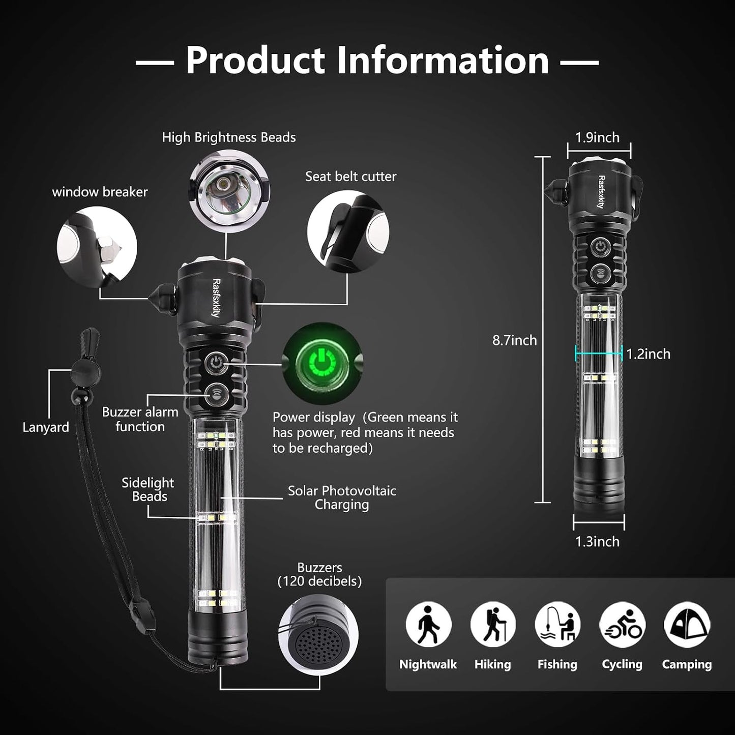 Emergency Flashlight with Window Breaker and Seatbelt Cutter, LED Flashlight, flashlights high lumens，Strobe sos Beacon，Mobile Power，Alarm Rescue，for car，Outdoor，Hiking, Fishing, Dog Walking