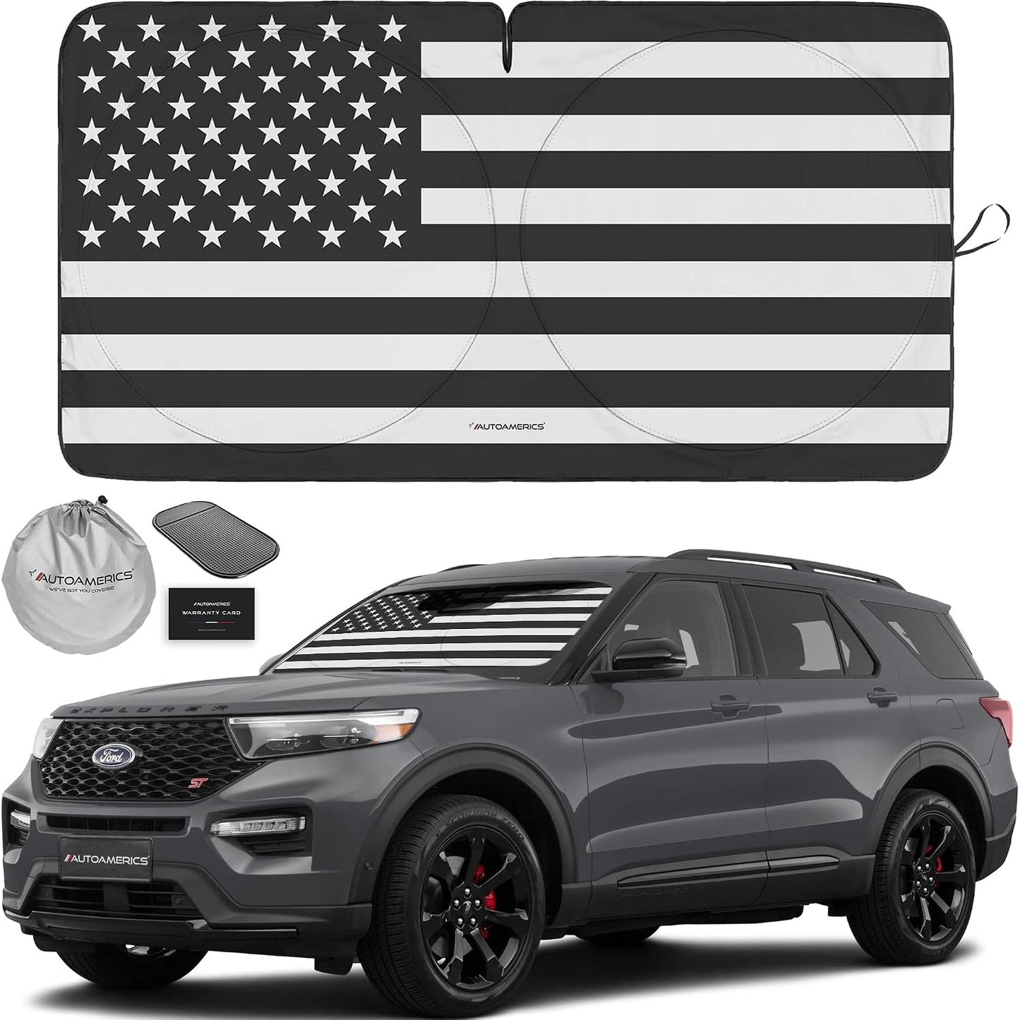 Autoamerics 1-Piece Windshield Sun Shade B&W American Flag USA Patriotic Design - Foldable Car Front Window Sunshade for Most Sedans SUV Truck - Blocks Max UV Rays and Keeps Your Vehicle Cool - Medium