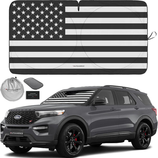 Autoamerics 1-Piece Windshield Sun Shade B&W American Flag USA Patriotic Design - Foldable Car Front Window Sunshade for Most Sedans SUV Truck - Blocks Max UV Rays and Keeps Your Vehicle Cool - Medium