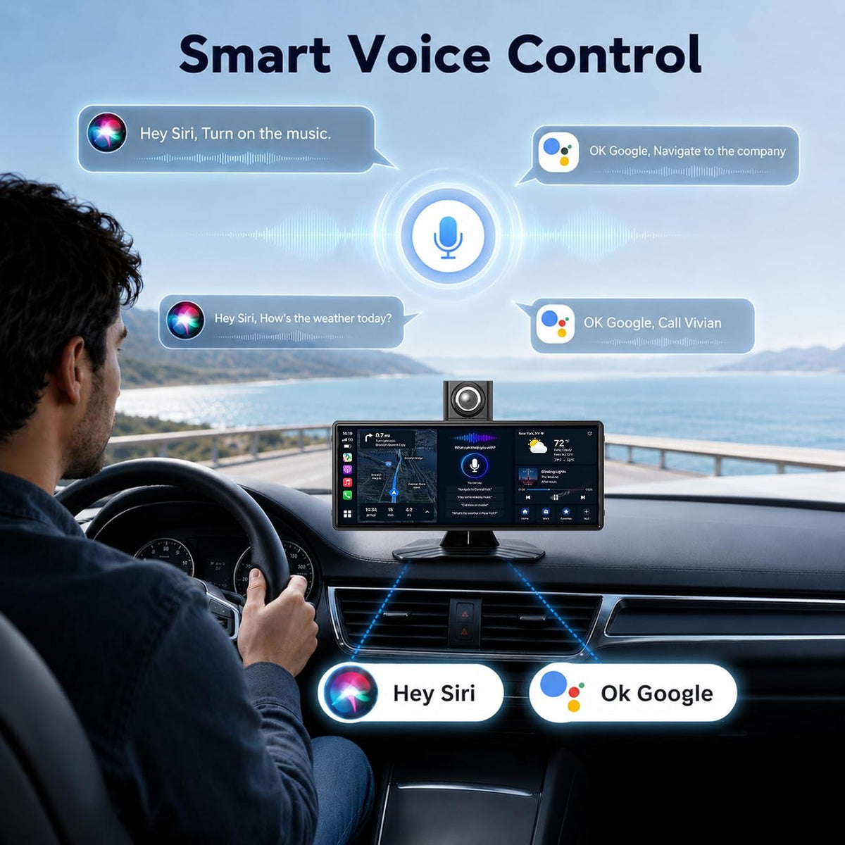 10.26" Wireless CarPlay Screen for Car, Apple CarPlay & Android Auto Screen, Portable Car Stereo with 4K Front Dash Cam & 1080P Backup Camera, Bluetooth, Voice Control, GPS Navigation, Mirror Link