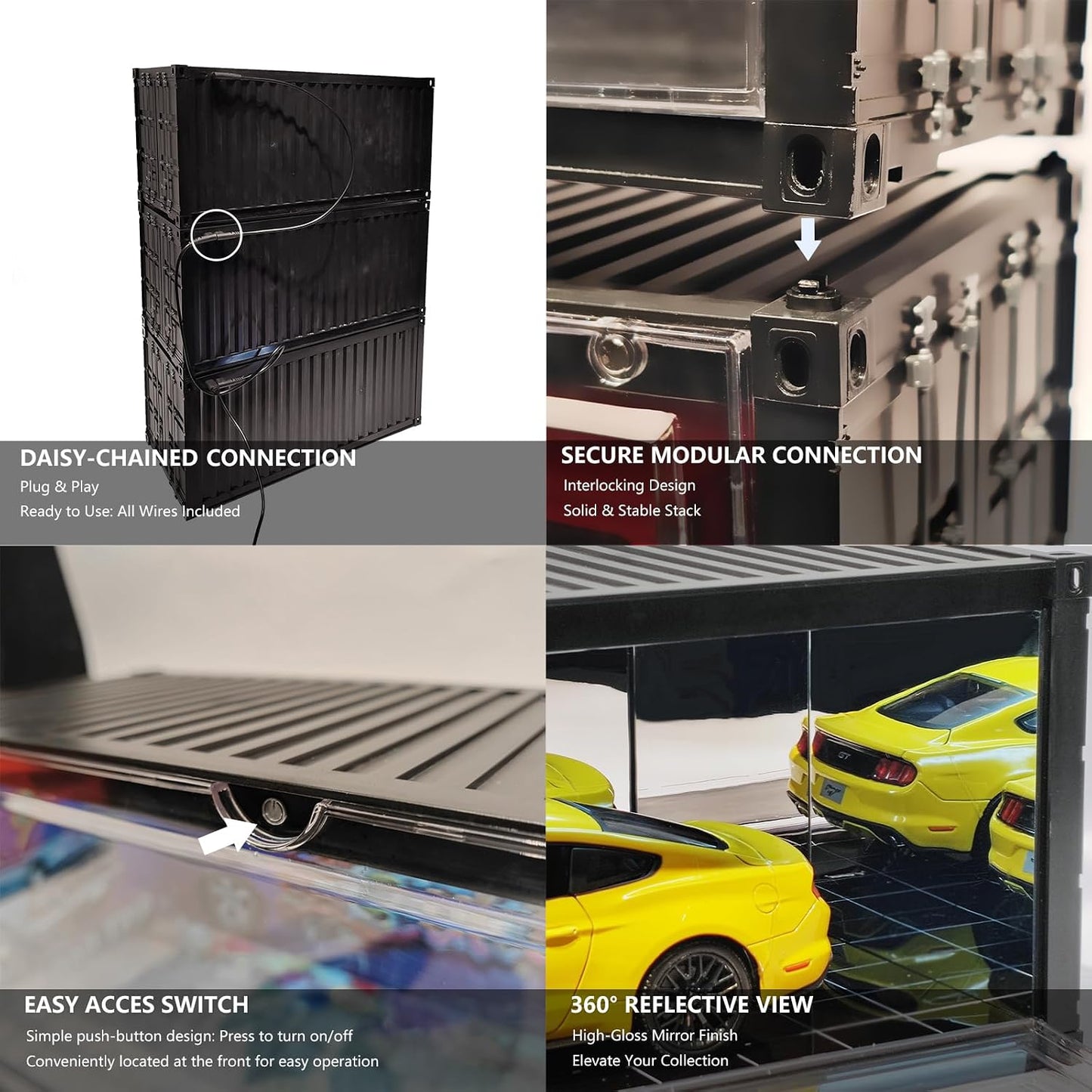 Display Case with LED Light for 1/18 Scale Model Car | Shipping Container Style Garage Diorama Show Case - Modern Mirror Reflective Interior, Grid Floor Showroom Design, Stackable