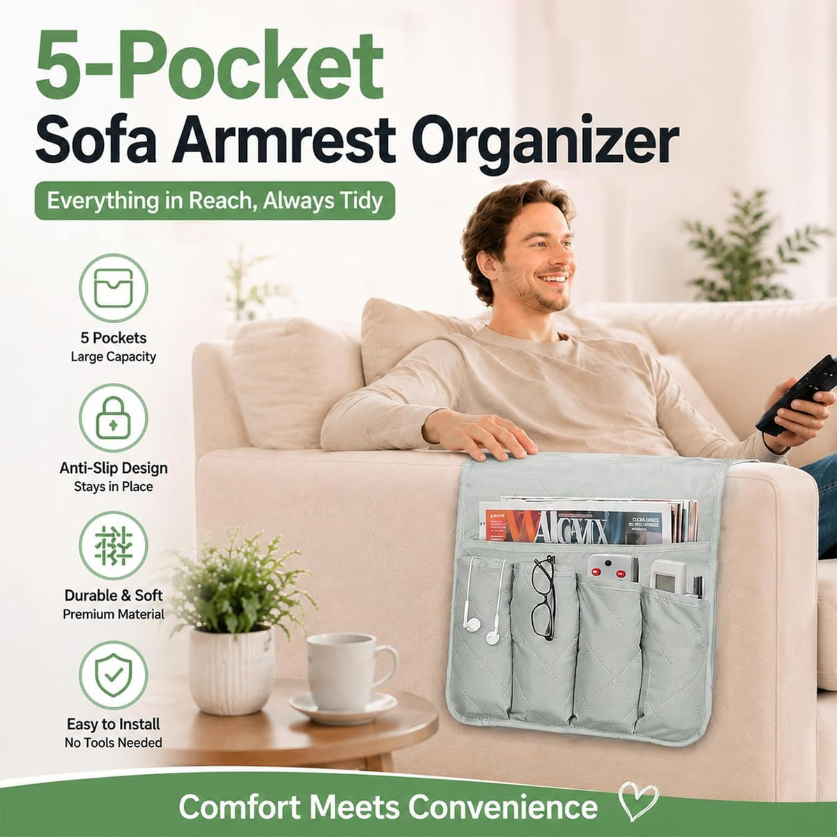 Armchair Caddy for Recliner, Non Slip Sofa Arm Organizer,Light Gray