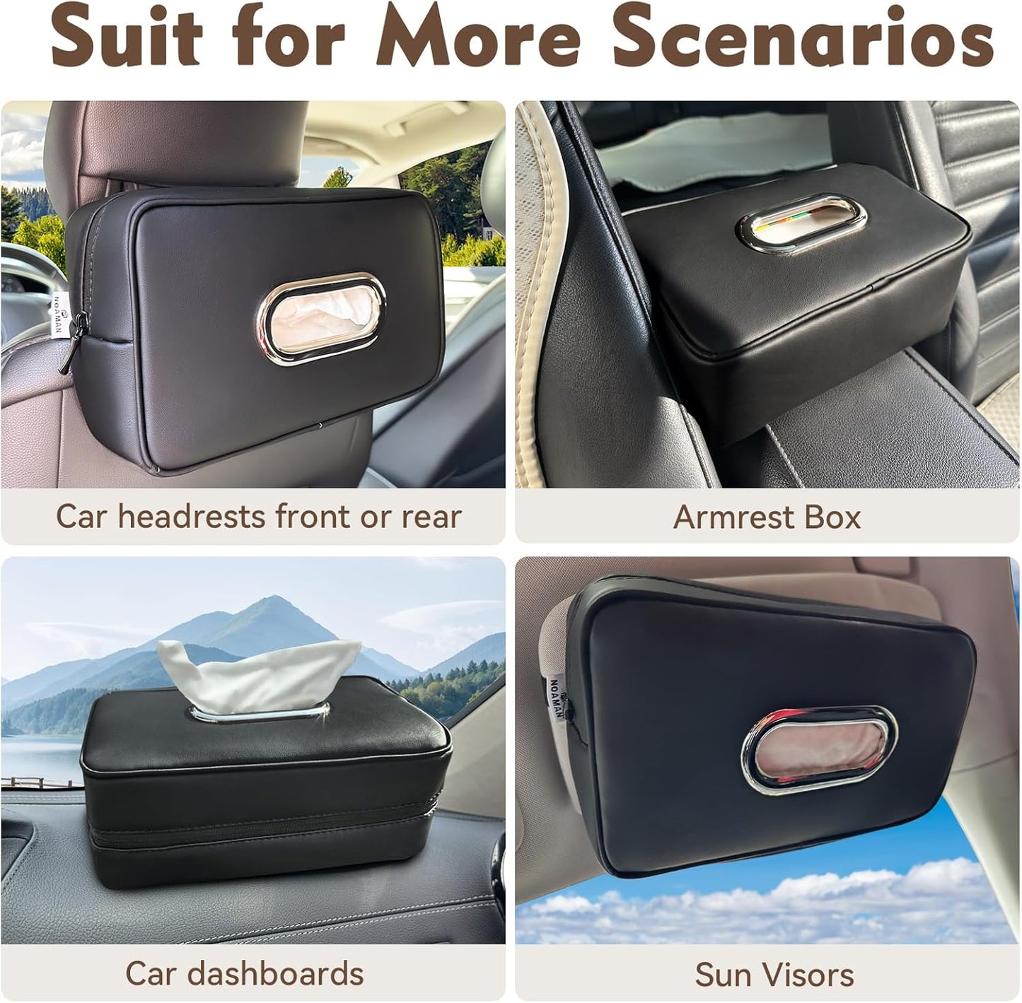 Noaman Upgraded Large Car Tissue Holder Premium PU Leather Tissues Box Cover Backseat Rectangular Napkin Holder for Car Fits for 120 Standard Kleenex Tissues Box for Car Organization Accessories Black