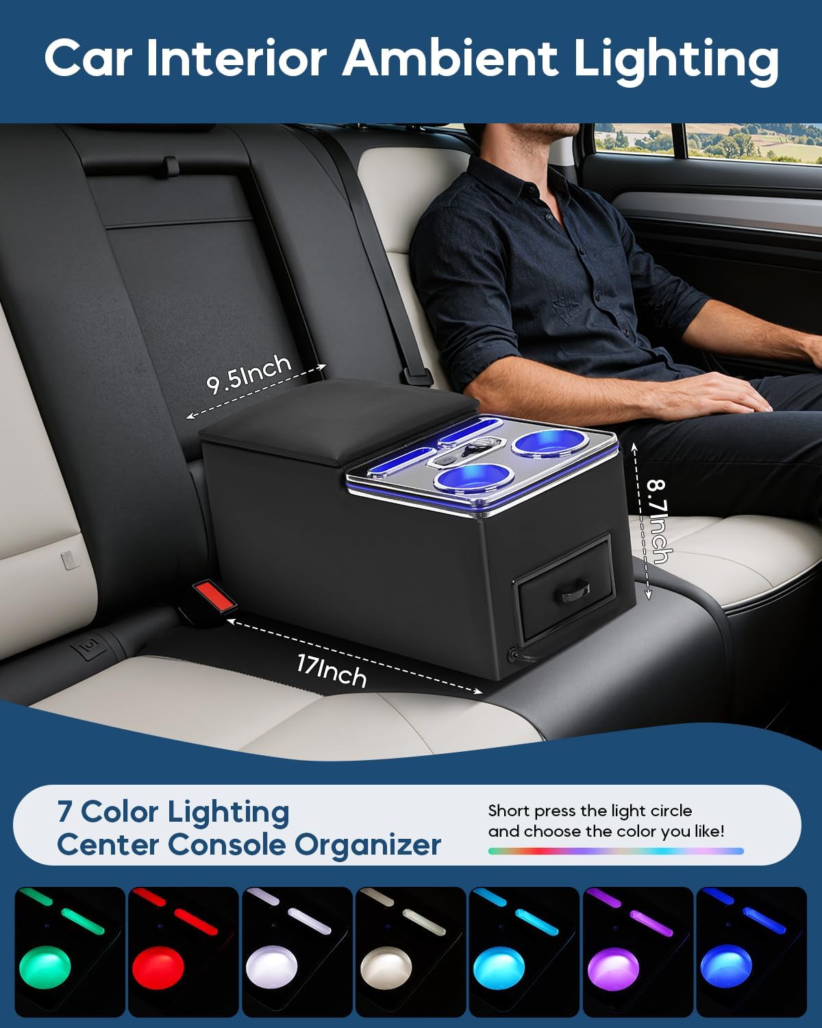 Center Console Organizer, Bench Seat Center Console with Fast Phone Charging & Cup Holders, Automotive Center Storage Box Upgraded 7-Color Adjustable LED Lighting for Car Minivan Van Truck