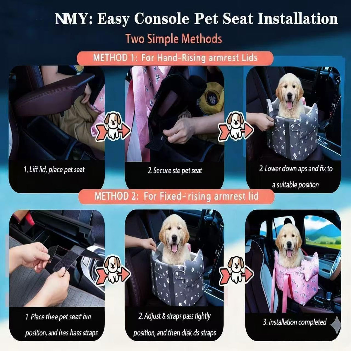 Dog Car Seat for Small Dogs Under 15 lbs – Center Console Pet Carrier with Safety Belt, Storage Pockets, Removable Washable Cover – B&W Stripes, Secure & Comfortable for Small Puppies/Cats