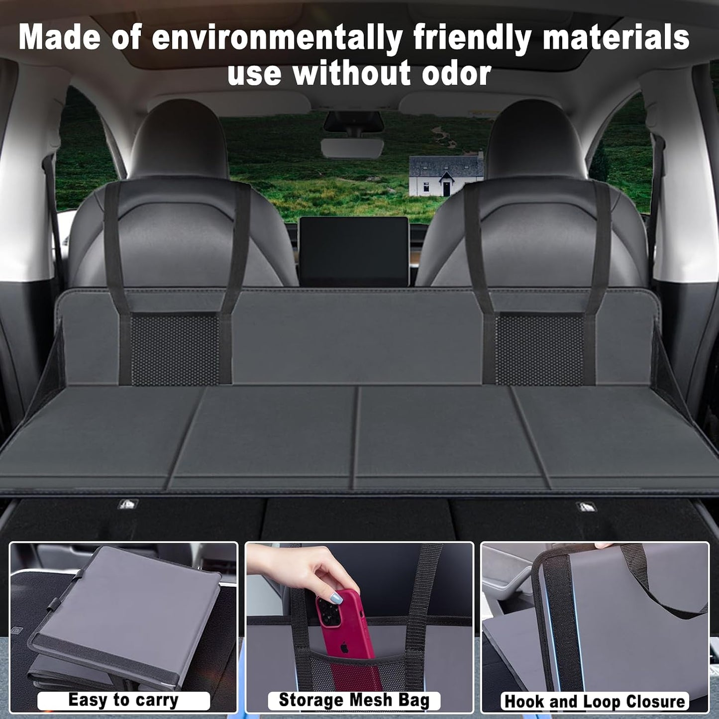 Car Rear Seat Mattress Extension Plate, Portable Mattress for Sleeping, Foldable Back Seat Extender, Increase Travel Trunk Space and Car Bed Camping Space for Car, SUV, Model Y/3 (Black)