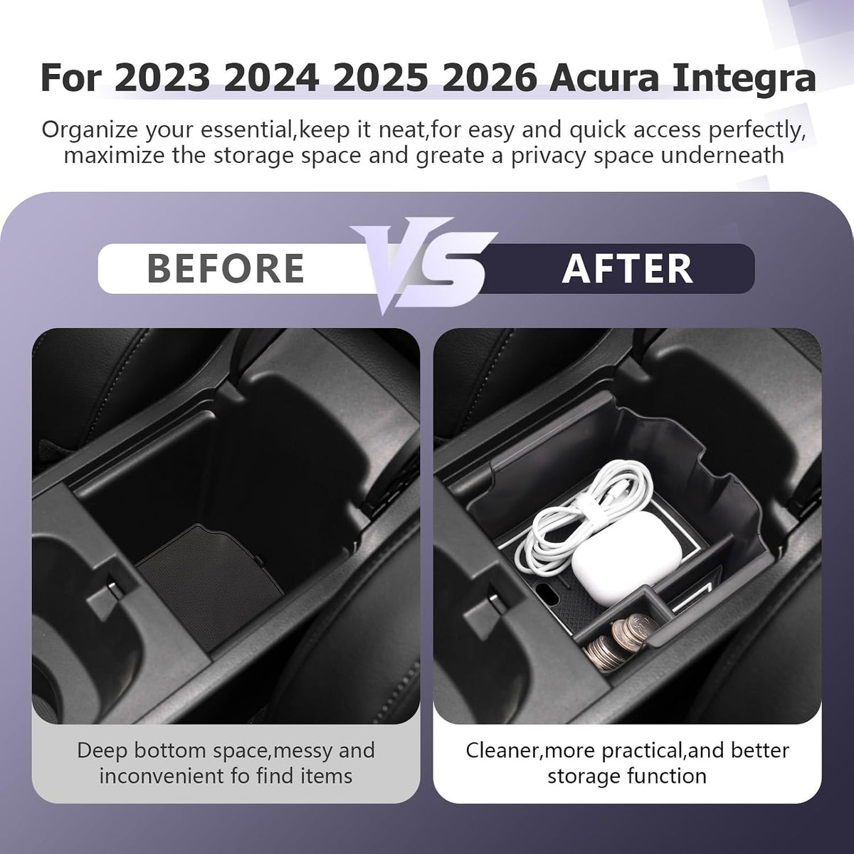 LUWU 2026 2027 Acura Integra Center Console Organizer for 2023 2024 2025 2026 2027 Acura Integra Accessories Armrest Console Storage Box Insert Tray ABS Material White-Trim