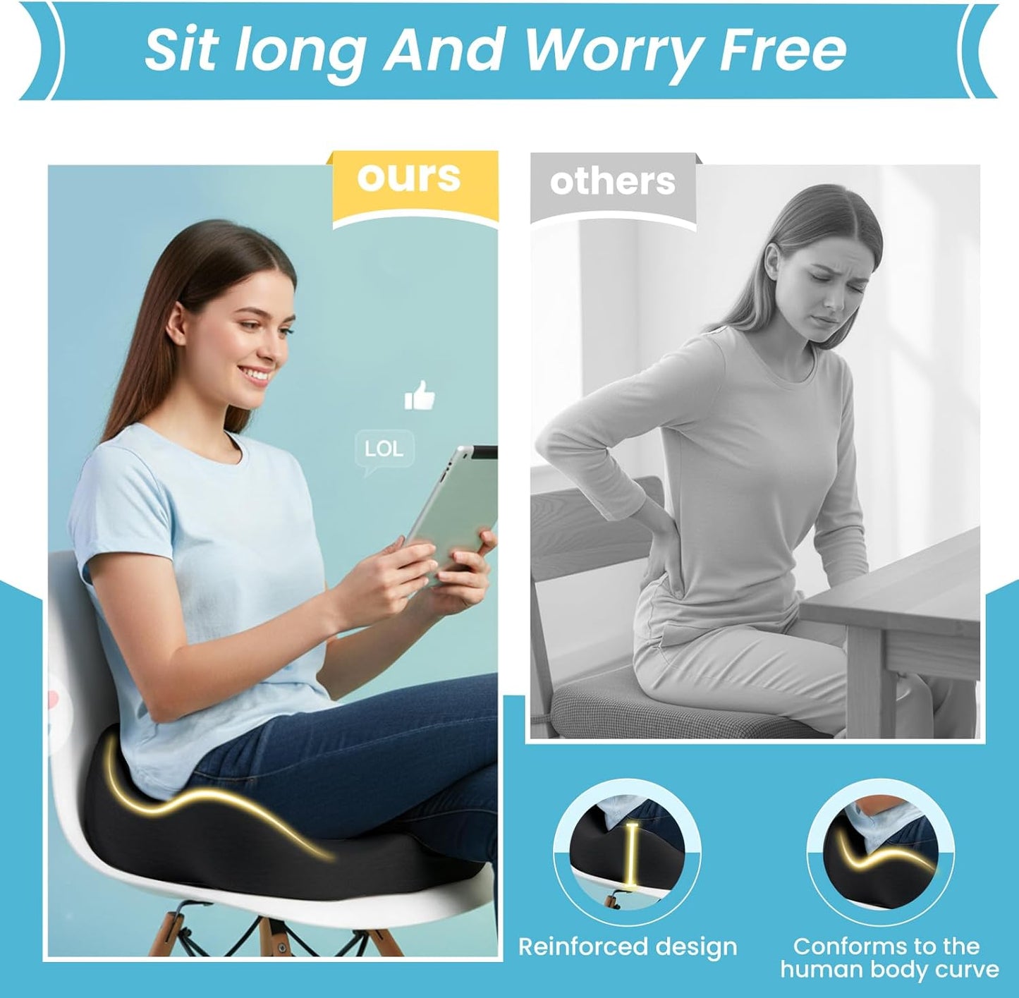 Seat Cushion,Ergonomic Chair Cushions for Sit Bone Tailbone Pain Relief,Sciatica &amp; Back Support,Memory Foam Butt Pillow for Office,Car,Home,Gaming,Wheelchair