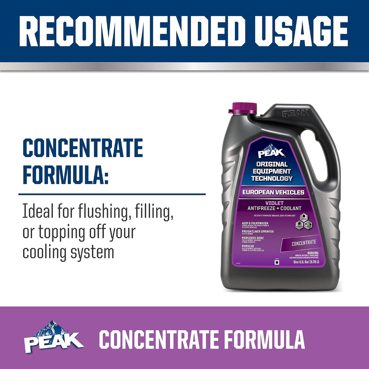 PEAK OET Extended Life Violet Concentrate Antifreeze/Coolant for European Vehicles, 1 Gal.