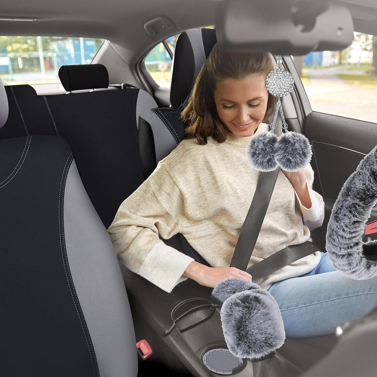 Woanger 47 Car Seat Cover Full Set Car Accessories for Women, Gray
