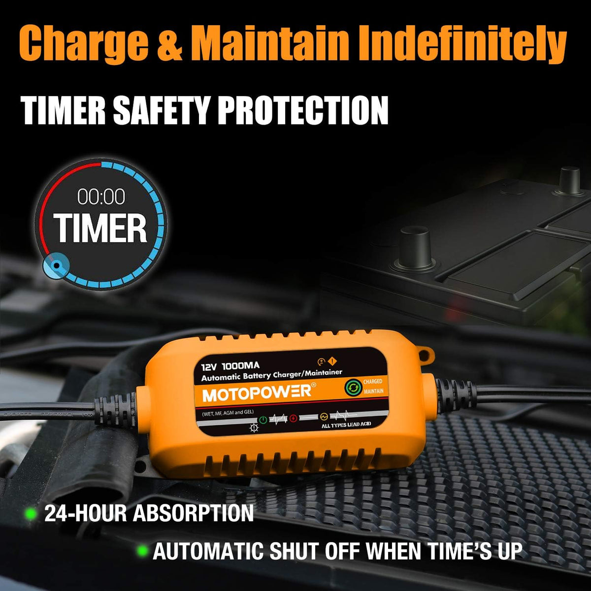 MOTOPOWER 12V 1000mA Automatic Charger - Battery Maintenance - Maintain Charger and Battery Desulfator with Timer Protection.
