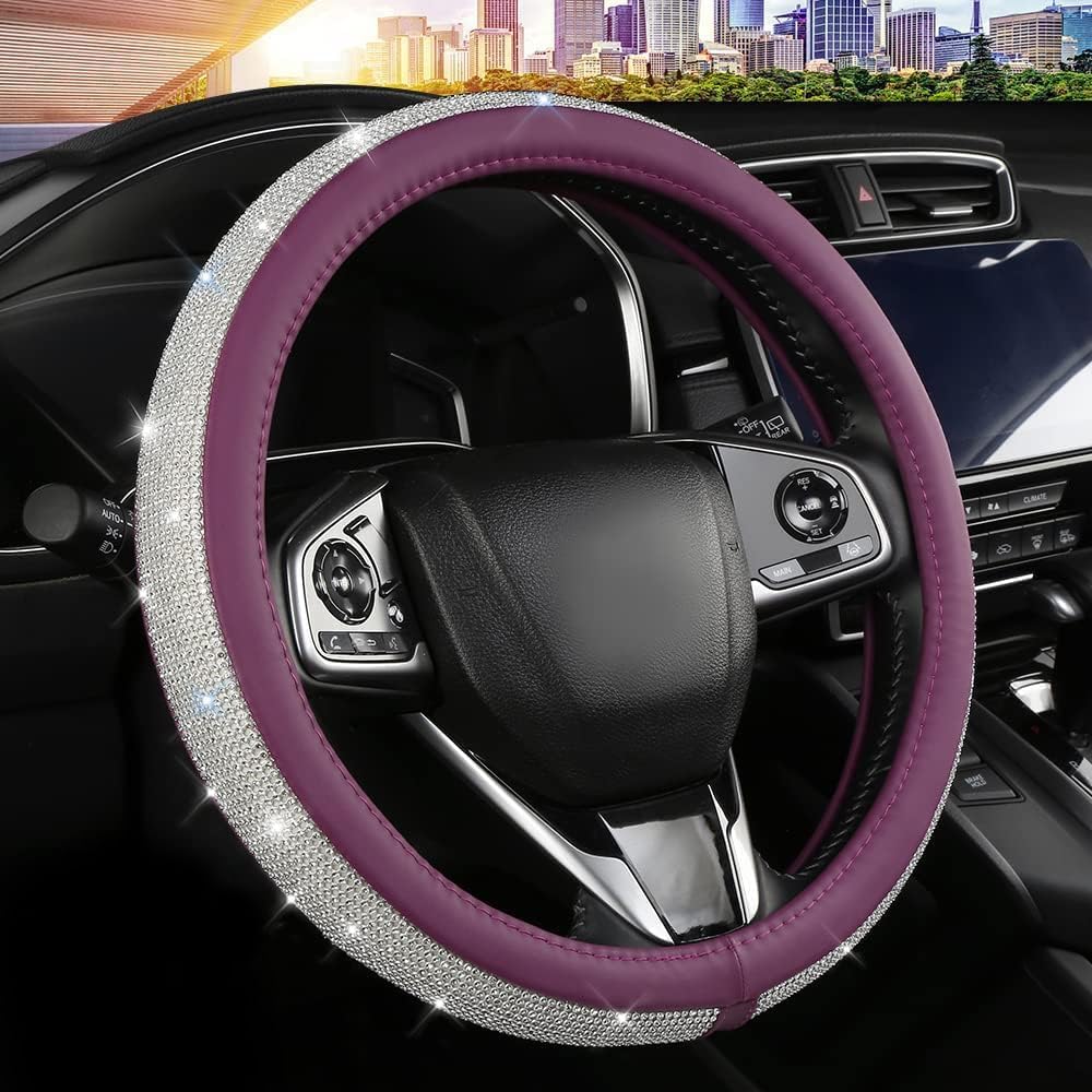 Bling Rhinestone Steering Wheel Cover, Pink Leather Anti-Slip Breathable, Universal Fit 14.5-15 Inch for Women