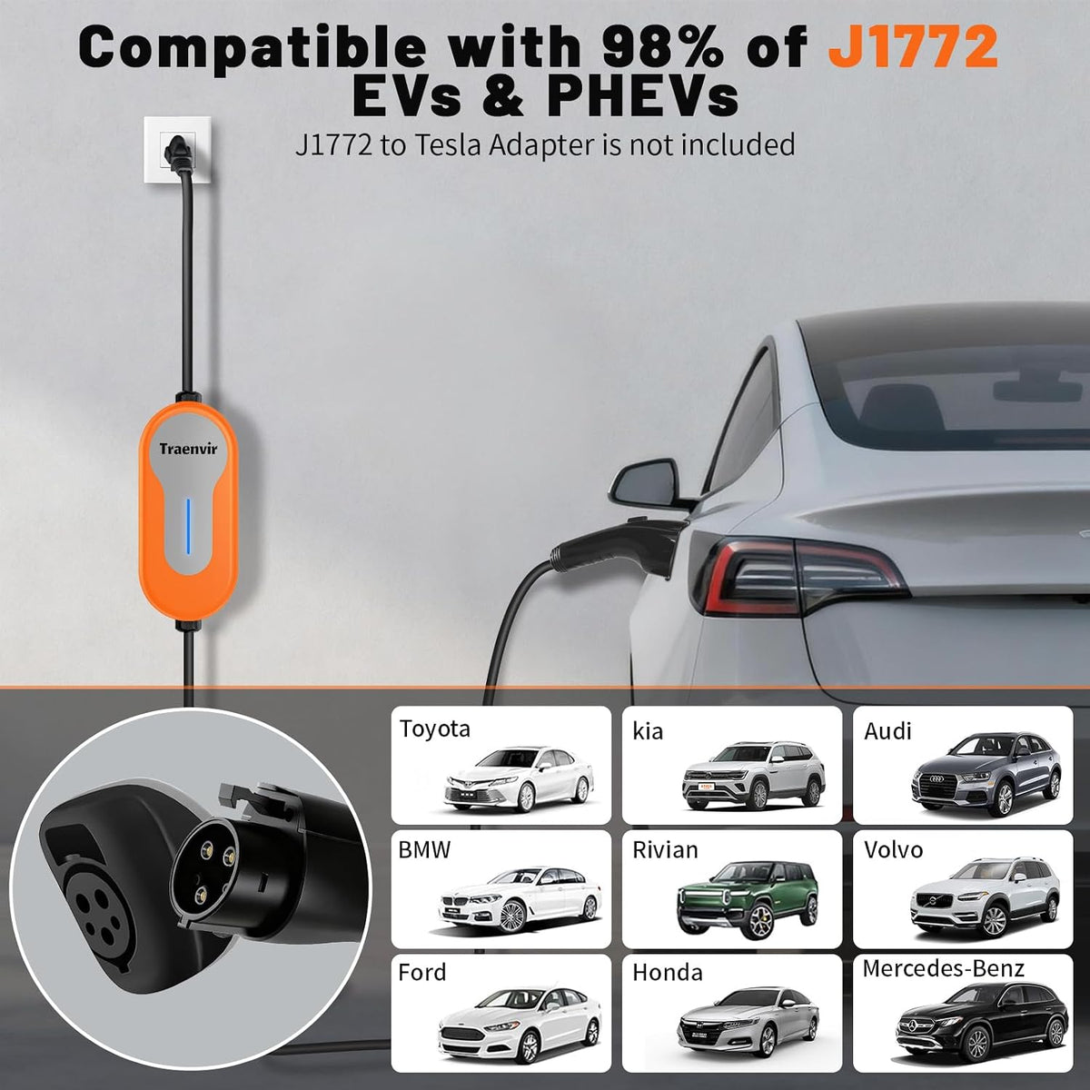 Level 1 & 2 EV Charger, 16 Amp Portable EV Charger with 20FT Cable