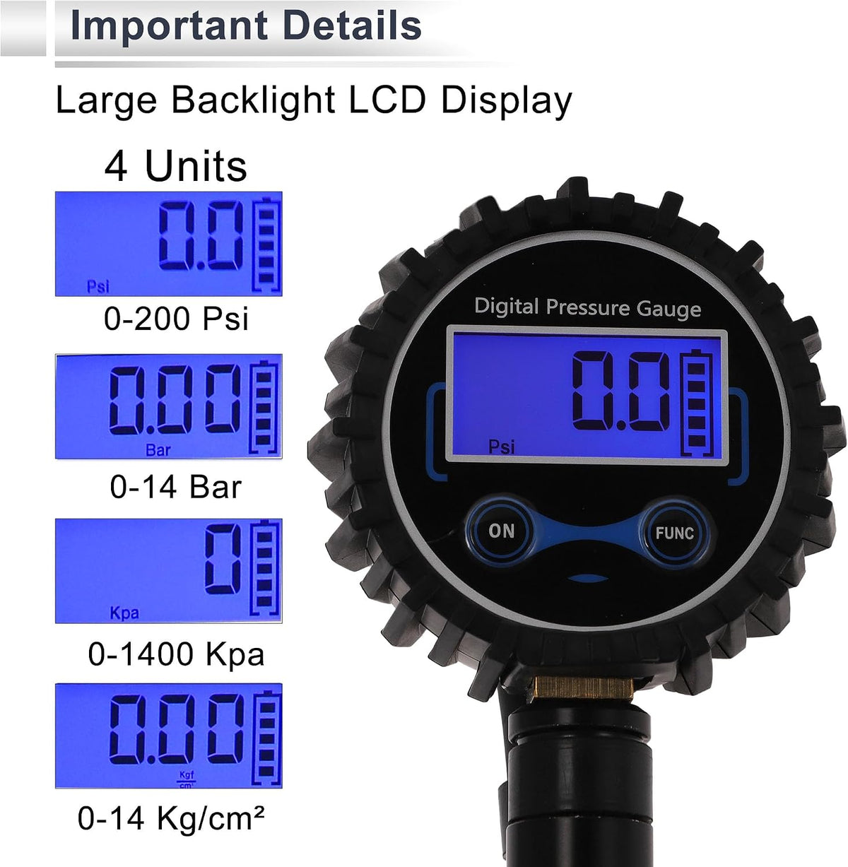 1Set Universal Tire Pressure Gauge 200 PSI 2.76Inch Digital Pressure Gauge with Inflator Tyre Air PSI Meter for Motorcycle SUV Truck Black
