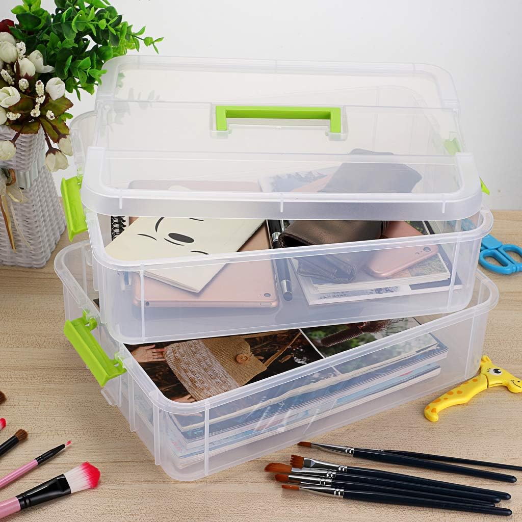 BTSKY 2 Layer Stack & Carry Box, Plastic Multipurpose Portable Storage Container Box Handled Organizer Storage Box for Organizing Stationery, Sewing, Art Craft, Jewelry and Beauty Supplies Green