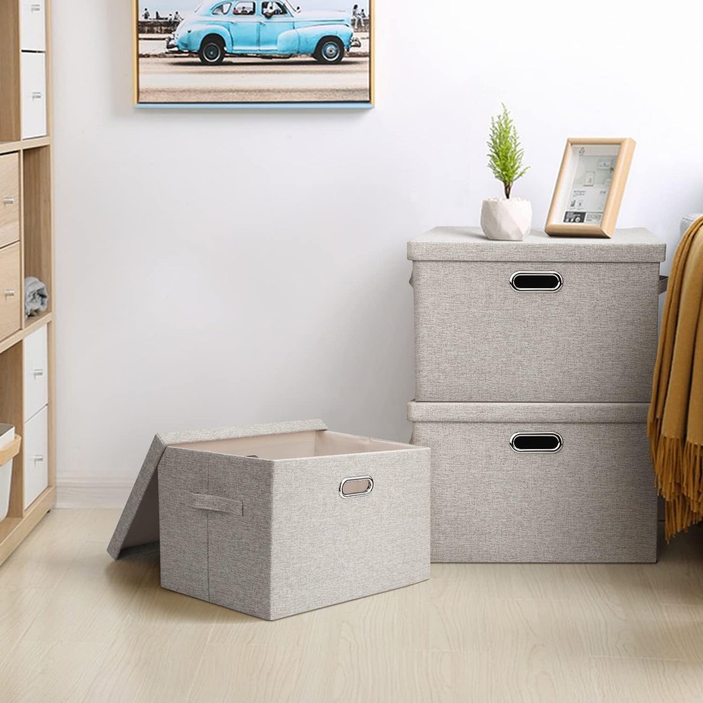 Graciadeco Large Quart Collapsible Stackable Storage Bins with Lids, 3 Packs Beige Linen Fabric Closet Boxes with Lids, Storage Cube Baskets Container Organizers for Bedroom Office(16.6 x 11.7 x 10.8)