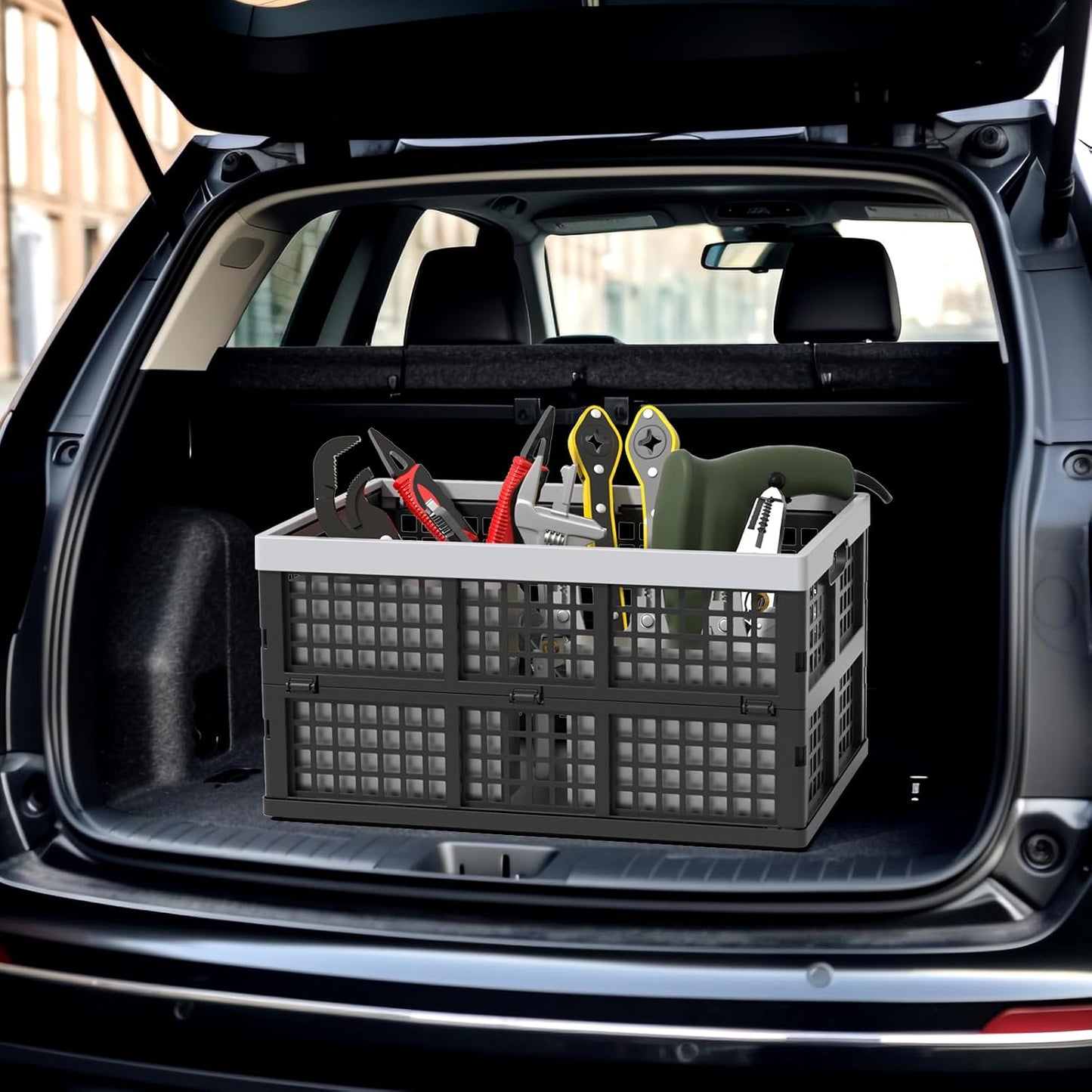 42L Collapsible Milk Crates, 4 Packs Foldable Storage Bins | Heavy-Duty Plastic Stackable Basket Crate, Black Folding Crate for Garage, Car, Pantry Storage
