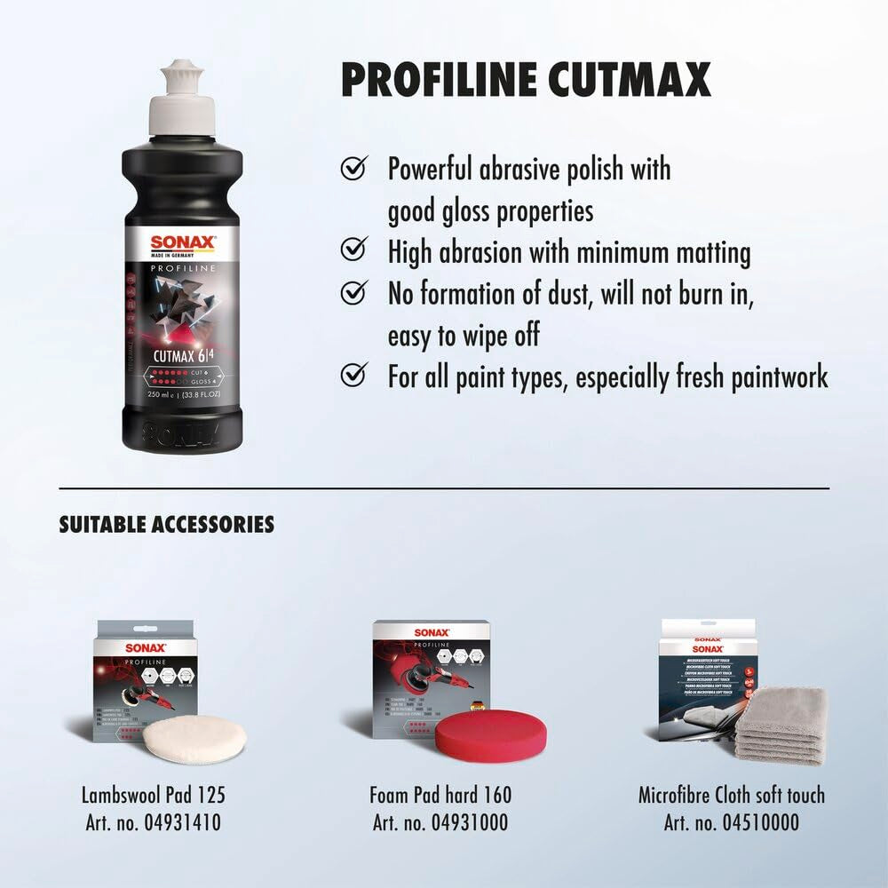 SONAX CutMax Compound 246141 | High-Abrasive Paint Correction Polish for P1500 Grit Sanding Marks | Silicone-Free, Dust-Free, and Odorless | Long Buffing Cycle for Severe Weathered Paint | 250ml