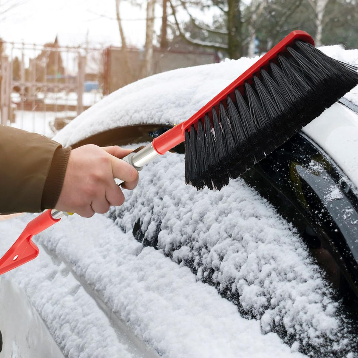 2 in 1 Snow Brush, Snow Brush and Ice Scraper for Car Windshield, Window Scraper Deicer for Car SUV and Truck, Adjustable Angle Ice Scraper with Ergonomic Grip for Vehicle (Red)